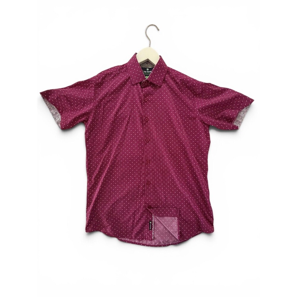 Tom Baine Mens Slim Fit Shirt Medium Burgundy Polka Dot Short Sleeve Stretch